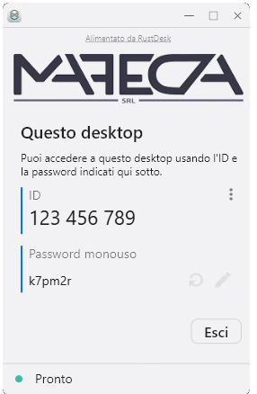 Finestra del programma Nexus con il codice ID e la password da comunicare al tecnico